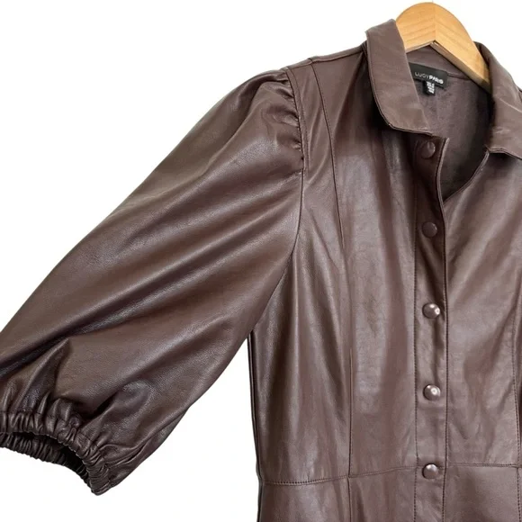 Lucy Paris Faux Leather Short Sleeve Snap Button Front Dress Sz Small Brown - Picture 4 of 7